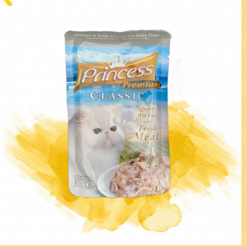 برينسس طعام قطط رطب بالدجاج والتونة مع الرز و صغار البطلينوس