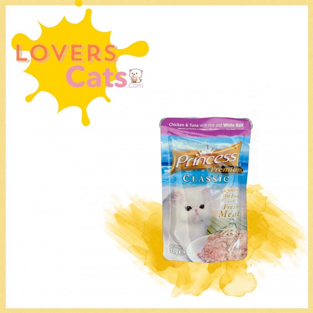 برينسس طعام قطط رطب شركة برنسيس بالدجاج والتونة مع الارز والسردين 70غ