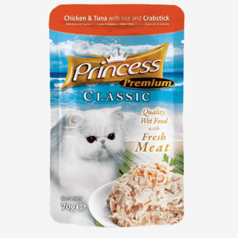برينسس طعام قطط رطب شركة برنسيبس بالدجاج والتونة مع الارز والسلطعون 70غ