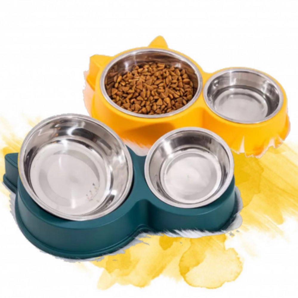 صحن طعام مزدوج ستيل قابل للتركيب مع قاعدة بلاستيك