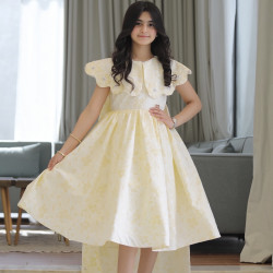 فستان بناتي الاصفر الانيق بذيل وتفاصيل انيقة - 924 فستان بناتي الاصفر الانيق بذيل وتفاصيل انيقة - 924