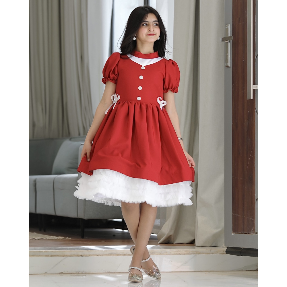 فستان بناتي أحمر بفيونكه على الخصر - 914