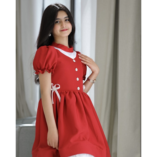 فستان بناتي أحمر بفيونكه على الخصر - 914 فستان بناتي أحمر بفيونكه على الخصر - 914