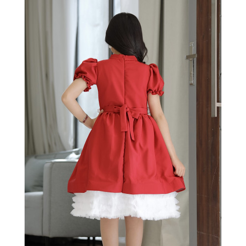 فستان بناتي أحمر بفيونكه على الخصر - 914 فستان بناتي أحمر بفيونكه على الخصر - 914