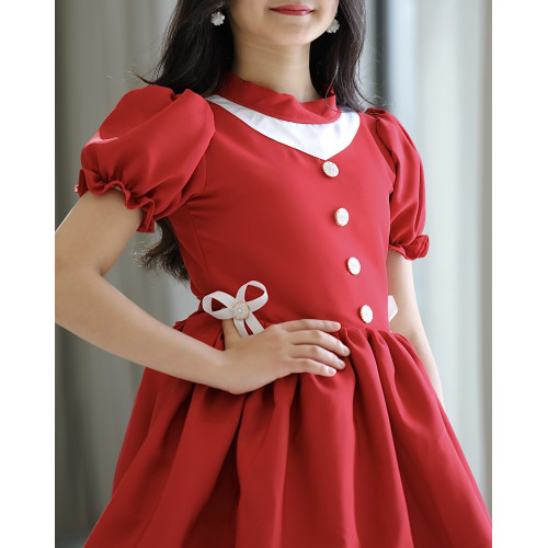 فستان بناتي أحمر بفيونكه على الخصر - 914 فستان بناتي أحمر بفيونكه على الخصر - 914