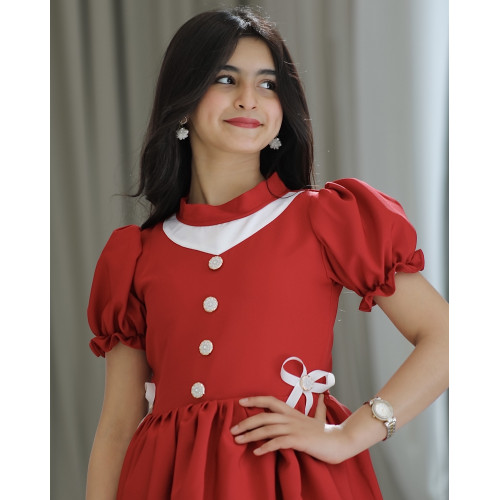 فستان بناتي أحمر بفيونكه على الخصر - 914 فستان بناتي أحمر بفيونكه على الخصر - 914