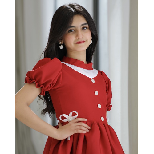 فستان بناتي أحمر بفيونكه على الخصر - 914 فستان بناتي أحمر بفيونكه على الخصر - 914