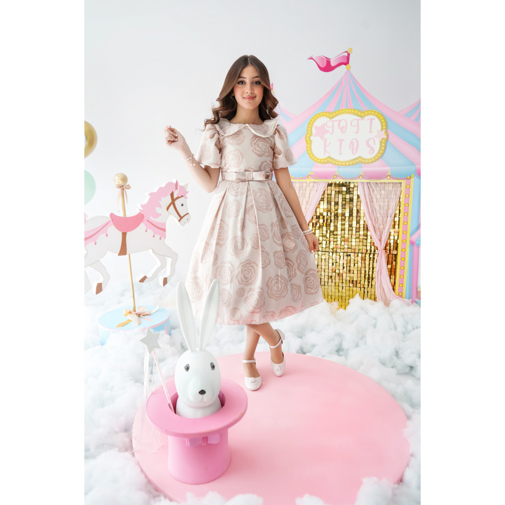 فستان بناتي جاكار وردي بإطلالة ملكية - 1002