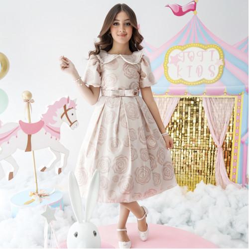 فستان بناتي جاكار وردي بإطلالة ملكية - 1002 فستان بناتي جاكار وردي بإطلالة ملكية - 1002