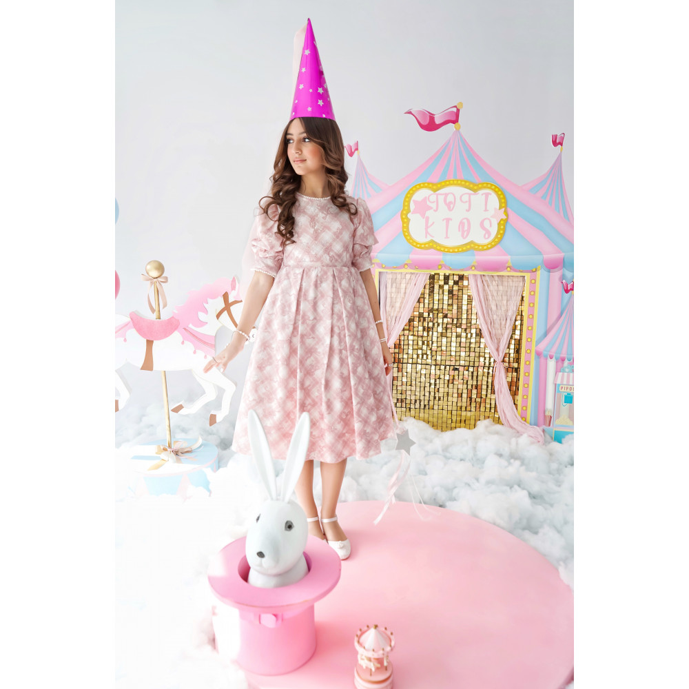 فستان بناتي كاروهات وردي تصميم كلاسيكي للحفلات - 1019