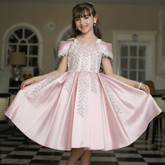 فستان بناتي بلونين مطرز بأكتاف | فستان سهرة للأفراح - M3624