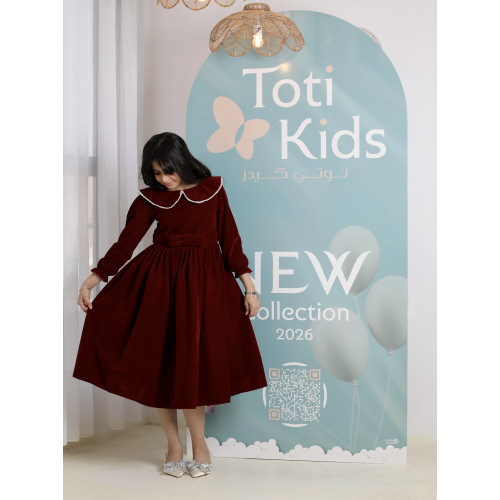 فستان بناتي مخمل عنابي بياقة لؤلؤ | فستان شتوي كلاسيكي - 1103 فستان بناتي مخمل عنابي بياقة لؤلؤ | فستان شتوي كلاسيكي - 1103