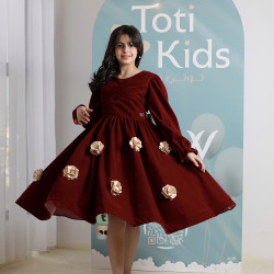 فستان بناتي مخمل عنابي بزهور بارزة | فستان شتوي فاخر - 1100 فستان بناتي مخمل عنابي بزهور بارزة | فستان شتوي فاخر - 1100