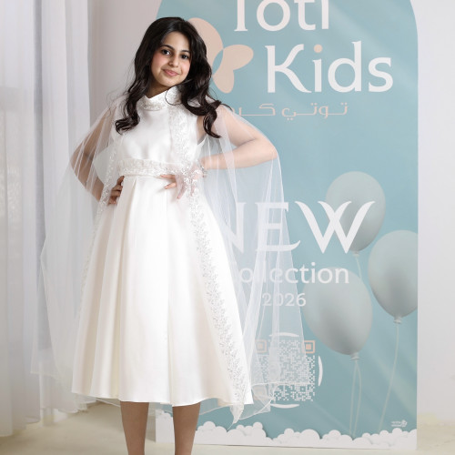 فستان بناتي أبيض مع كاب مرصع | فستان سهرة فاخر - 1039 فستان بناتي أبيض مع كاب مرصع | فستان سهرة فاخر - 1039
