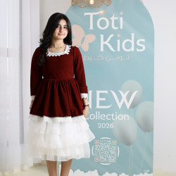 فستان بناتي مخمل بياقة دانتيل | فستان شتوي بطبقات تل - 1106