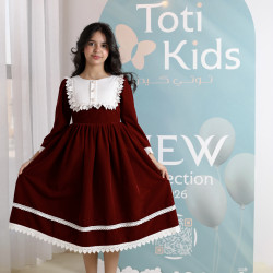 فستان بناتي مخمل بياقة مطرزة ودانتيل | فستان شتوي كلاسيكي - 1109