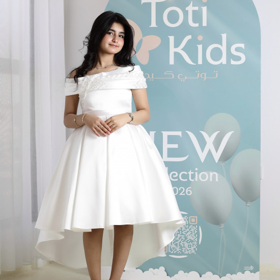 فستان بناتي أبيض أوف شولدر | فستان هاي لو للأفراح - M3750