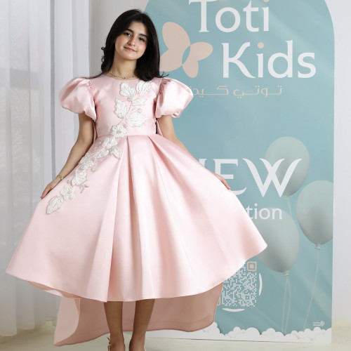 فستان بناتي وردي بأكمام منفوشة وتطريز | فستان هاي لو فاخر - M3751