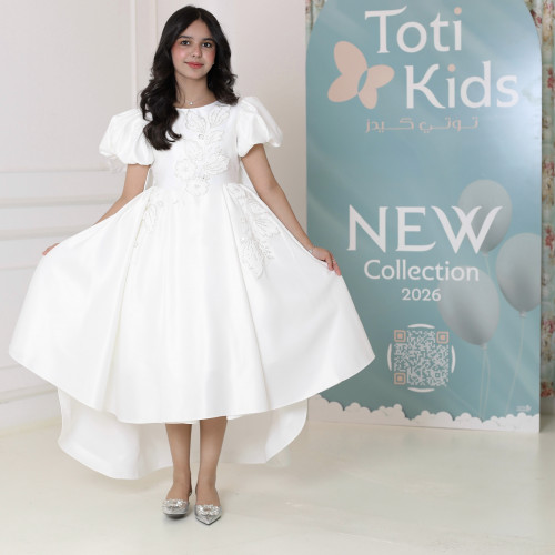 فستان بناتي أبيض بأكمام منفوشة وتطريز | فستان هاي لو فاخر - M3751 فستان بناتي أبيض بأكمام منفوشة وتطريز | فستان هاي لو فاخر - M3751