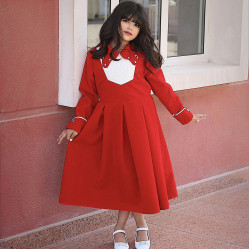 فستان بناتي مخمل أحمر بياقة مرصعة | فستان شتوي كلاسيكي - M3767