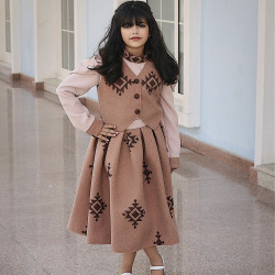 طقم تيور بناتي شتوي | سديري وتنورة بنقشة تراثية - M3772