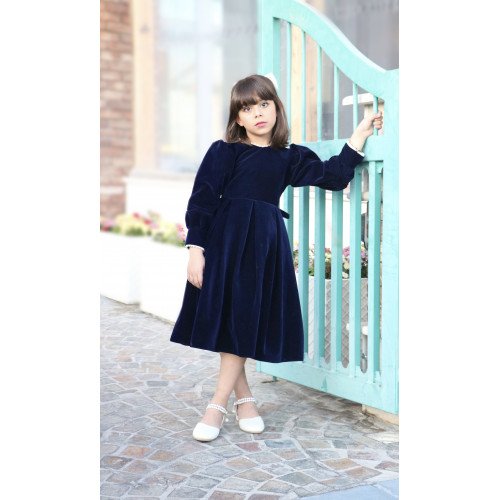 فستان بناتي مخمل كحلي مع لؤلؤ | إطلالة ملكية شتوية - 1114