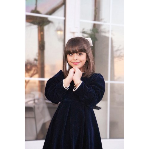 فستان بناتي مخمل كحلي مع لؤلؤ | إطلالة ملكية شتوية - 1114