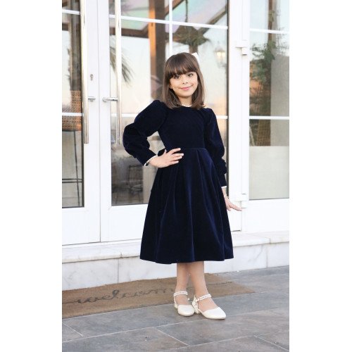 فستان بناتي مخمل كحلي مع لؤلؤ | إطلالة ملكية شتوية - 1114