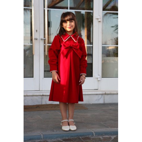 فستان بناتي مخمل مع لؤلؤ وفيونكة على الصدر | إطلالة ملكية شتوية - 5000