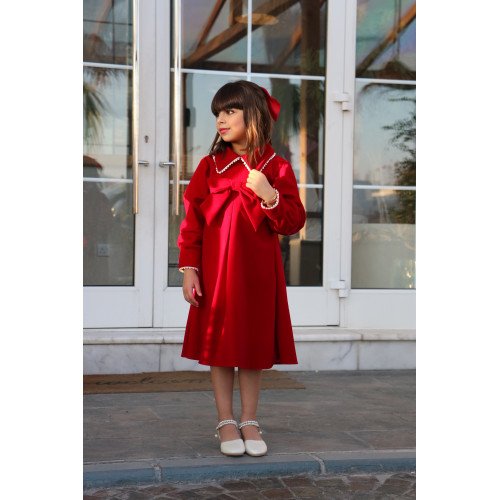 فستان بناتي مخمل مع لؤلؤ وفيونكة على الصدر | إطلالة ملكية شتوية - 5000