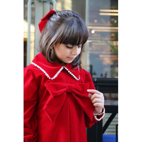 فستان بناتي مخمل مع لؤلؤ وفيونكة على الصدر | إطلالة ملكية شتوية - 5000