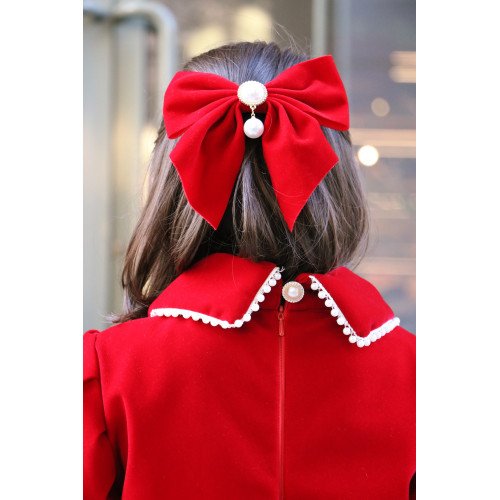 فستان بناتي مخمل مع لؤلؤ وفيونكة على الصدر | إطلالة ملكية شتوية - 5000