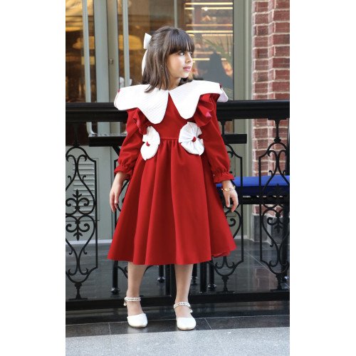 فستان بناتي مخمل أحمر بياقة وفيونكات بيضاء | فستان العيد الكلاسيكي - 1116