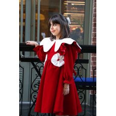 فستان بناتي مخمل أحمر بياقة وفيونكات بيضاء | فستان العيد الكلاسيكي - 1116 فستان بناتي مخمل أحمر بياقة وفيونكات بيضاء | فستان العيد الكلاسيكي - 1116