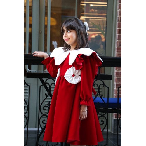 فستان بناتي مخمل أحمر بياقة وفيونكات بيضاء | فستان العيد الكلاسيكي - 1116