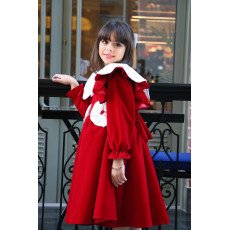 فستان بناتي مخمل أحمر بياقة وفيونكات بيضاء | فستان العيد الكلاسيكي - 1116 فستان بناتي مخمل أحمر بياقة وفيونكات بيضاء | فستان العيد الكلاسيكي - 1116