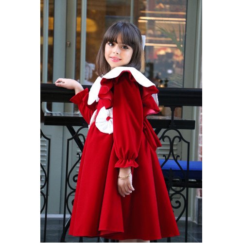 فستان بناتي مخمل أحمر بياقة وفيونكات بيضاء | فستان العيد الكلاسيكي - 1116 فستان بناتي مخمل أحمر بياقة وفيونكات بيضاء | فستان العيد الكلاسيكي - 1116