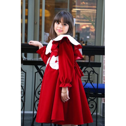 فستان بناتي مخمل أحمر بياقة وفيونكات بيضاء | فستان العيد الكلاسيكي - 1116