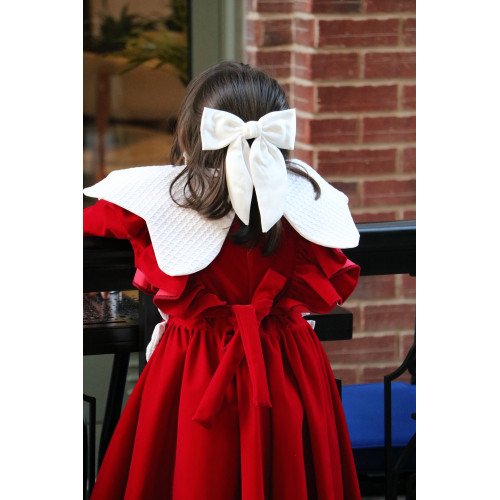 فستان بناتي مخمل أحمر بياقة وفيونكات بيضاء | فستان العيد الكلاسيكي - 1116