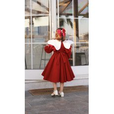 فستان بناتي مخمل أحمر بياقة وفيونكات بيضاء | فستان العيد الكلاسيكي - 1116 فستان بناتي مخمل أحمر بياقة وفيونكات بيضاء | فستان العيد الكلاسيكي - 1116