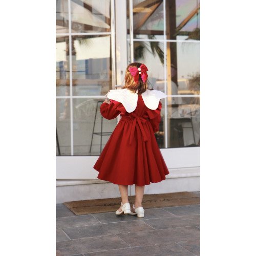 فستان بناتي مخمل أحمر بياقة وفيونكات بيضاء | فستان العيد الكلاسيكي - 1116