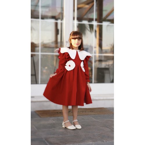 فستان بناتي مخمل أحمر بياقة وفيونكات بيضاء | فستان العيد الكلاسيكي - 1116