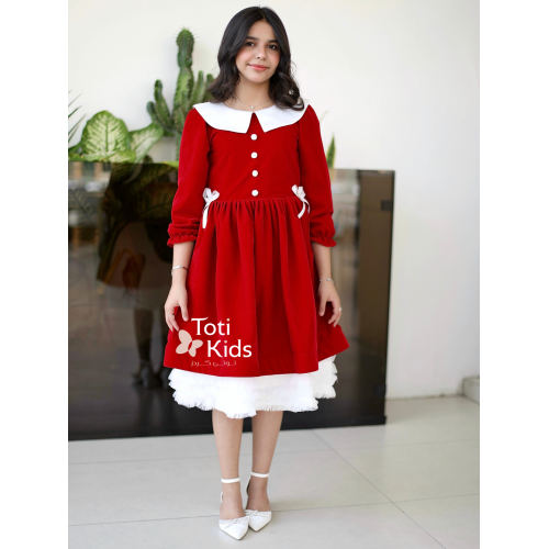 فستان بناتي مخمل أحمر بياقة بيضاء | فستان شتوي بطبقات تل - 1124 فستان بناتي مخمل أحمر بياقة بيضاء | فستان شتوي بطبقات تل - 1124