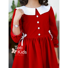 فستان بناتي مخمل أحمر بياقة بيضاء | فستان شتوي بطبقات تل - 1124 فستان بناتي مخمل أحمر بياقة بيضاء | فستان شتوي بطبقات تل - 1124