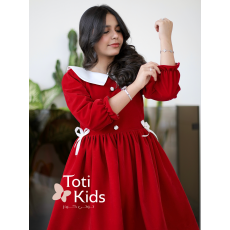 فستان بناتي مخمل أحمر بياقة بيضاء | فستان شتوي بطبقات تل - 1124 فستان بناتي مخمل أحمر بياقة بيضاء | فستان شتوي بطبقات تل - 1124