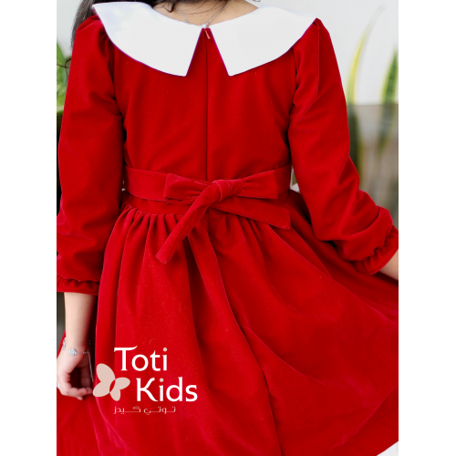 فستان بناتي مخمل أحمر بياقة بيضاء | فستان شتوي بطبقات تل - 1124 فستان بناتي مخمل أحمر بياقة بيضاء | فستان شتوي بطبقات تل - 1124