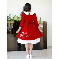 فستان بناتي مخمل أحمر بياقة بيضاء | فستان شتوي بطبقات تل - 1124 فستان بناتي مخمل أحمر بياقة بيضاء | فستان شتوي بطبقات تل - 1124