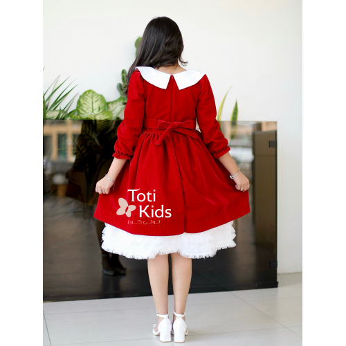 فستان بناتي مخمل أحمر بياقة بيضاء | فستان شتوي بطبقات تل - 1124 فستان بناتي مخمل أحمر بياقة بيضاء | فستان شتوي بطبقات تل - 1124