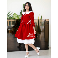 فستان بناتي مخمل أحمر بياقة بيضاء | فستان شتوي بطبقات تل - 1124 فستان بناتي مخمل أحمر بياقة بيضاء | فستان شتوي بطبقات تل - 1124