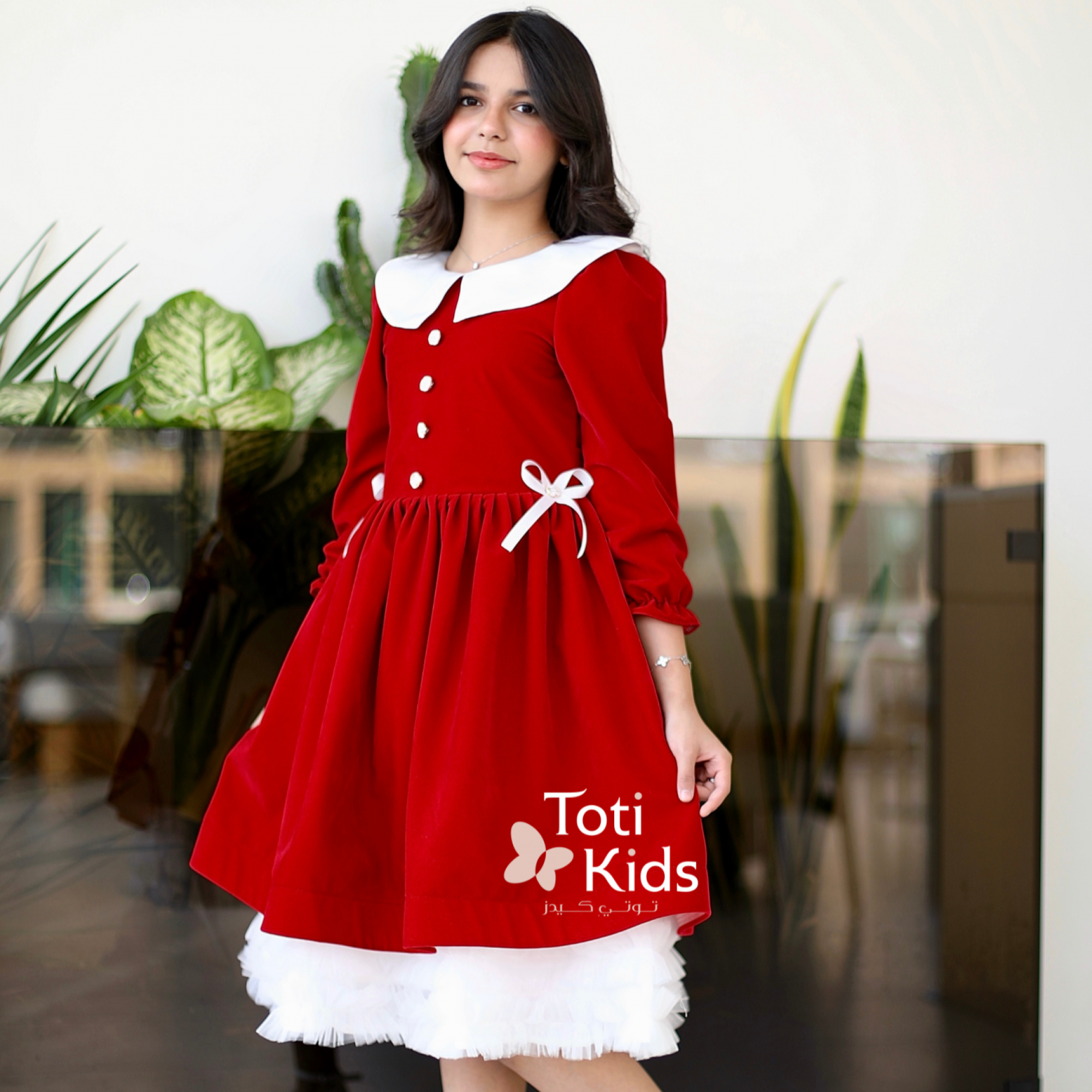 فستان بناتي مخمل أحمر بياقة بيضاء | فستان شتوي بطبقات تل - 1124
